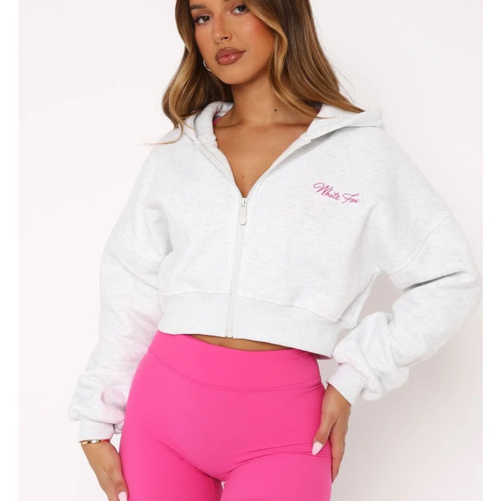 White Fox Boutique Grey & Pink Cropped hoodie Size S/M With Dust Bag NWOT